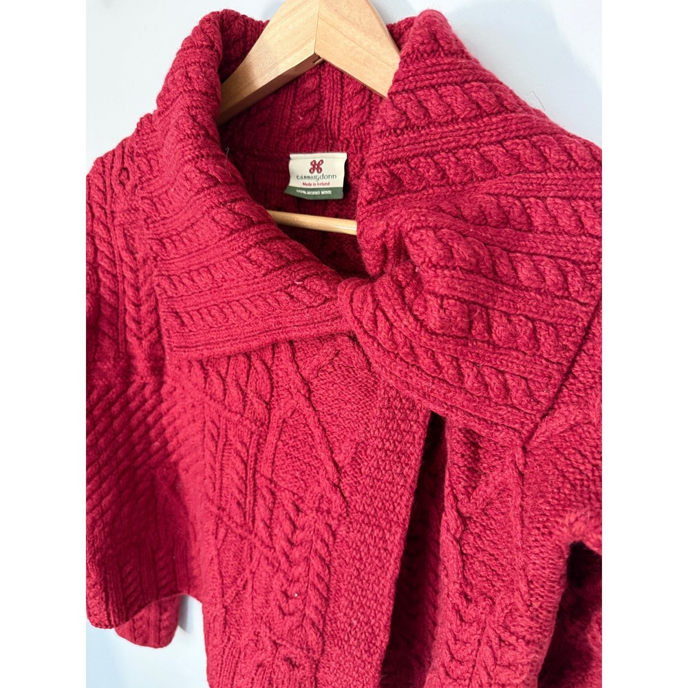 Carraig Donn Red Aran Knit Merino Wool Asymmetric Wrap Cardigan Ireland S
